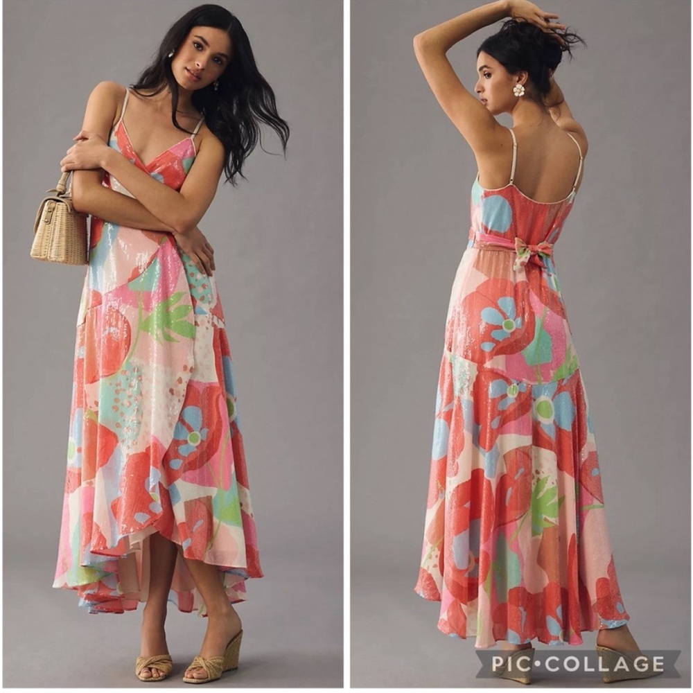 Hutch Farrah Sequin Floral Maxi Wrap Dress L